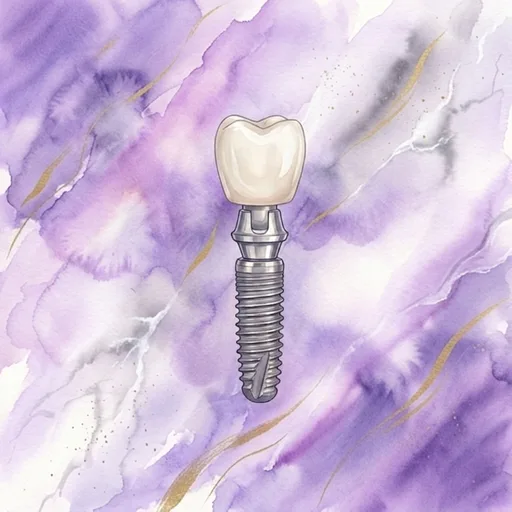 Watercolor illustration of a dental implant replacing a missing tooth at the root